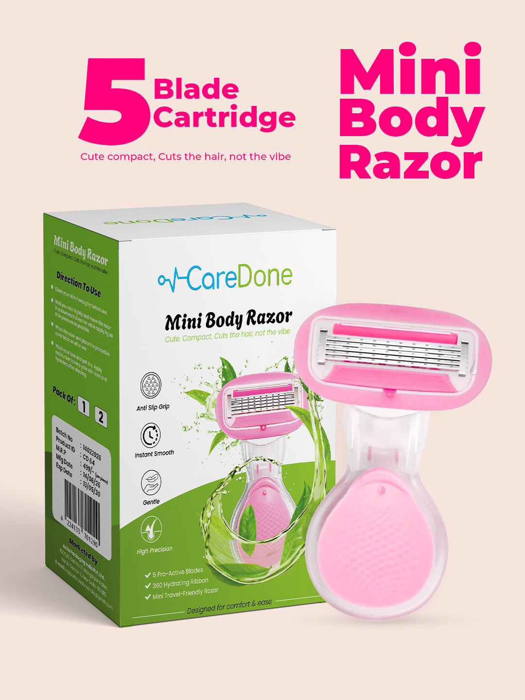 Caredone Portable Body Hair Razor – Smooth & Gentle Shaving, Perfect for Travel