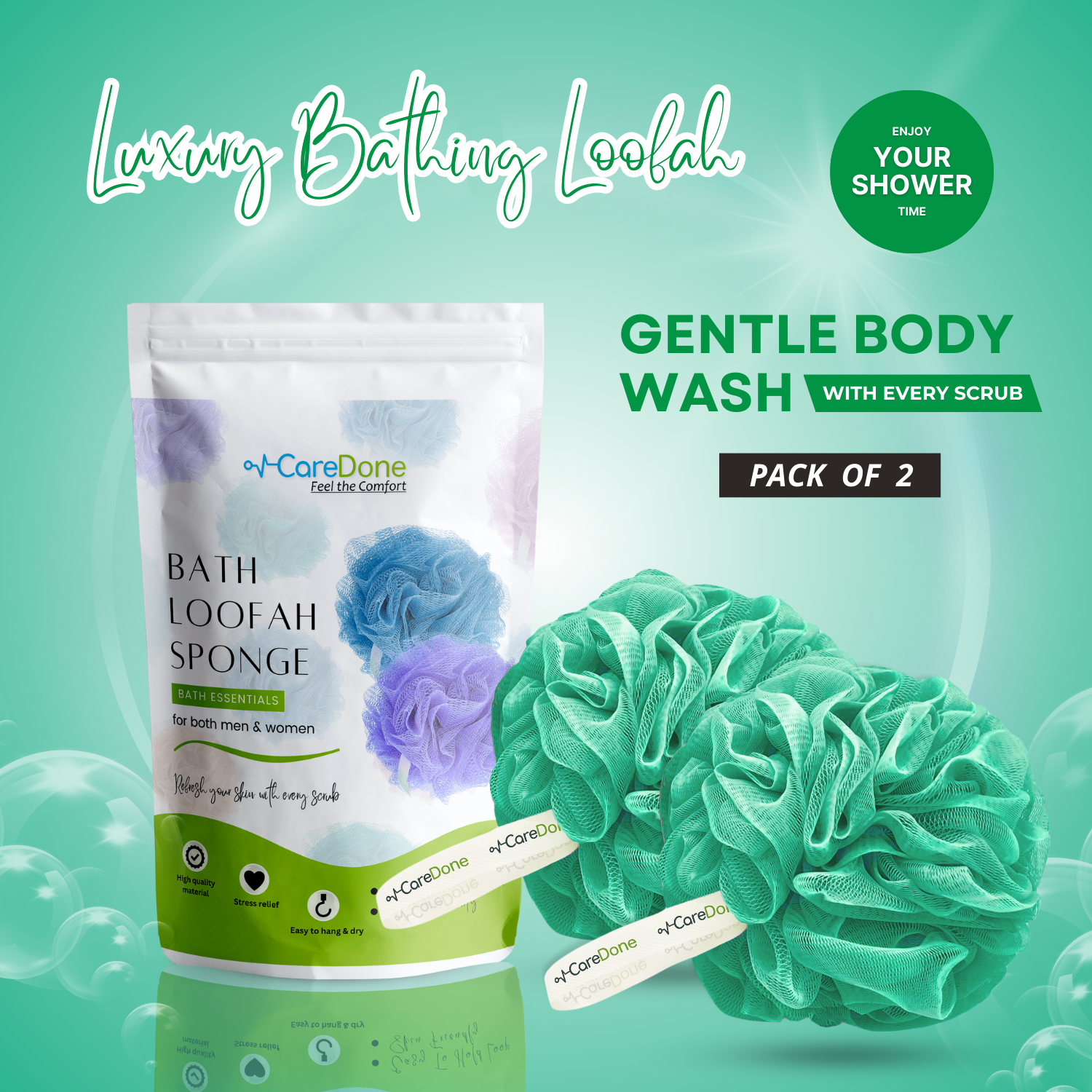 Caredone Body Scrubber & Shower Loofah Sponge – For Men, Women & Kids, Round Sponge Loofa