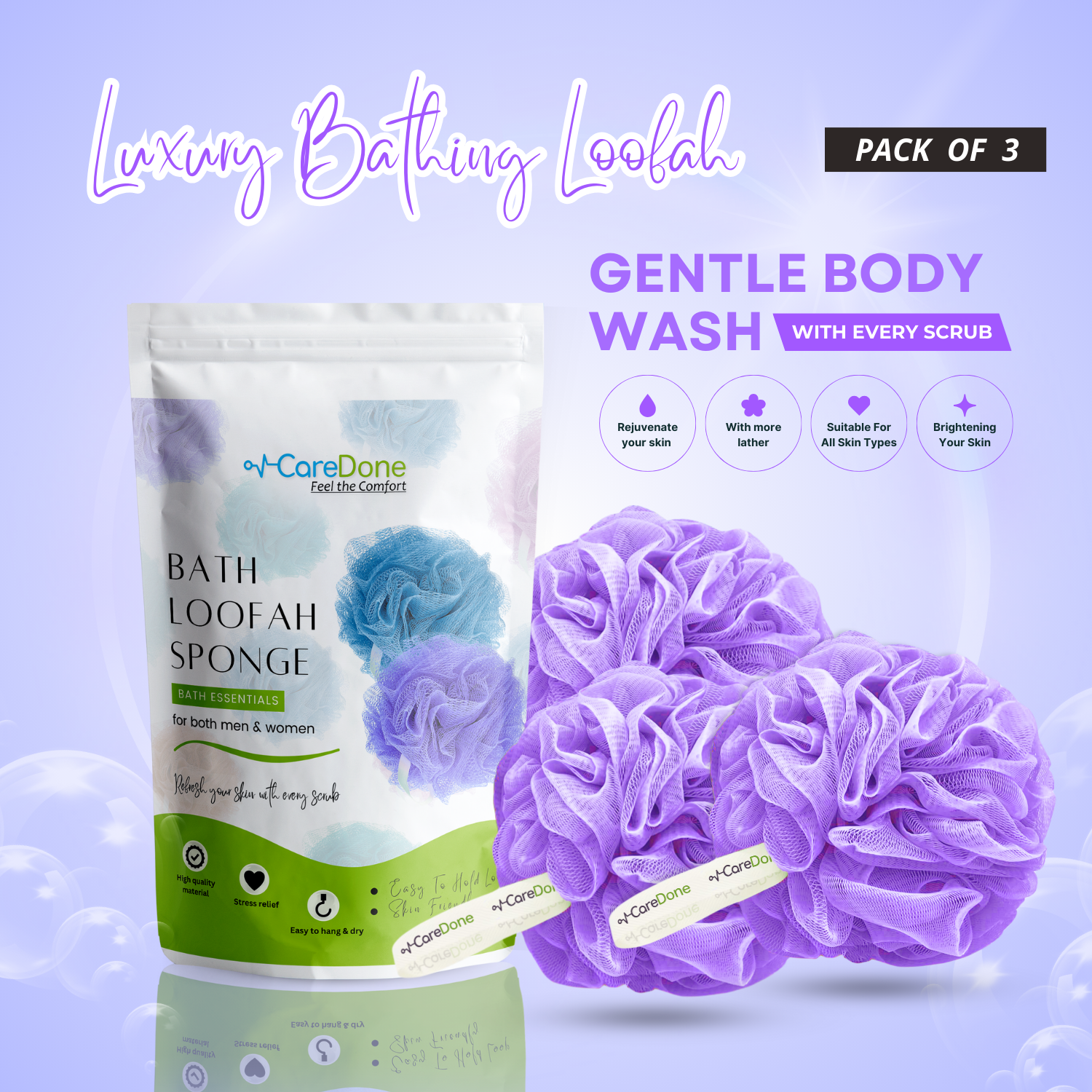 Caredone Body Scrubber & Shower Loofah Sponge – For Men, Women & Kids, Round Sponge Loofa