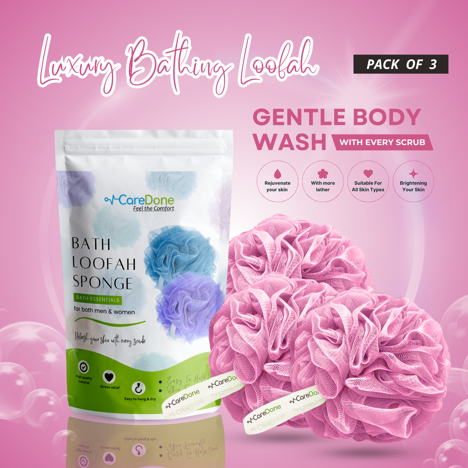Caredone Body Scrubber & Shower Loofah Sponge – For Men, Women & Kids, Round Sponge Loofa
