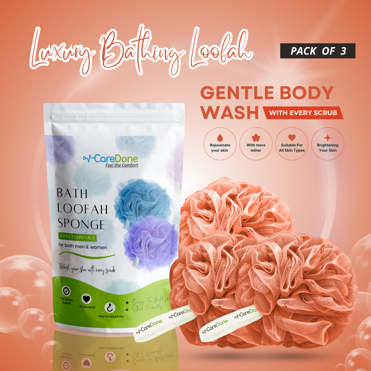 Caredone Body Scrubber & Shower Loofah Sponge – For Men, Women & Kids, Round Sponge Loofa