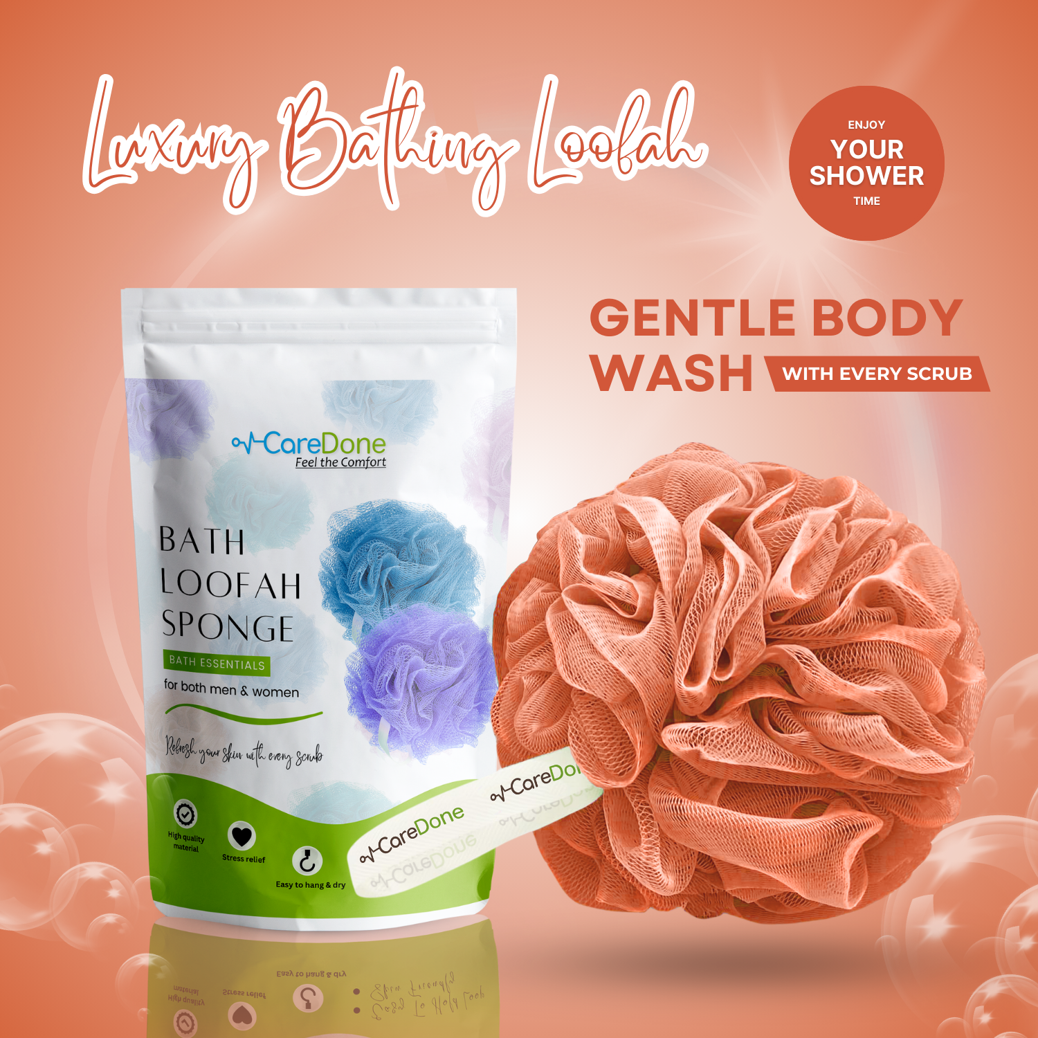 Caredone Body Scrubber & Shower Loofah Sponge – For Men, Women & Kids, Round Sponge Loofa