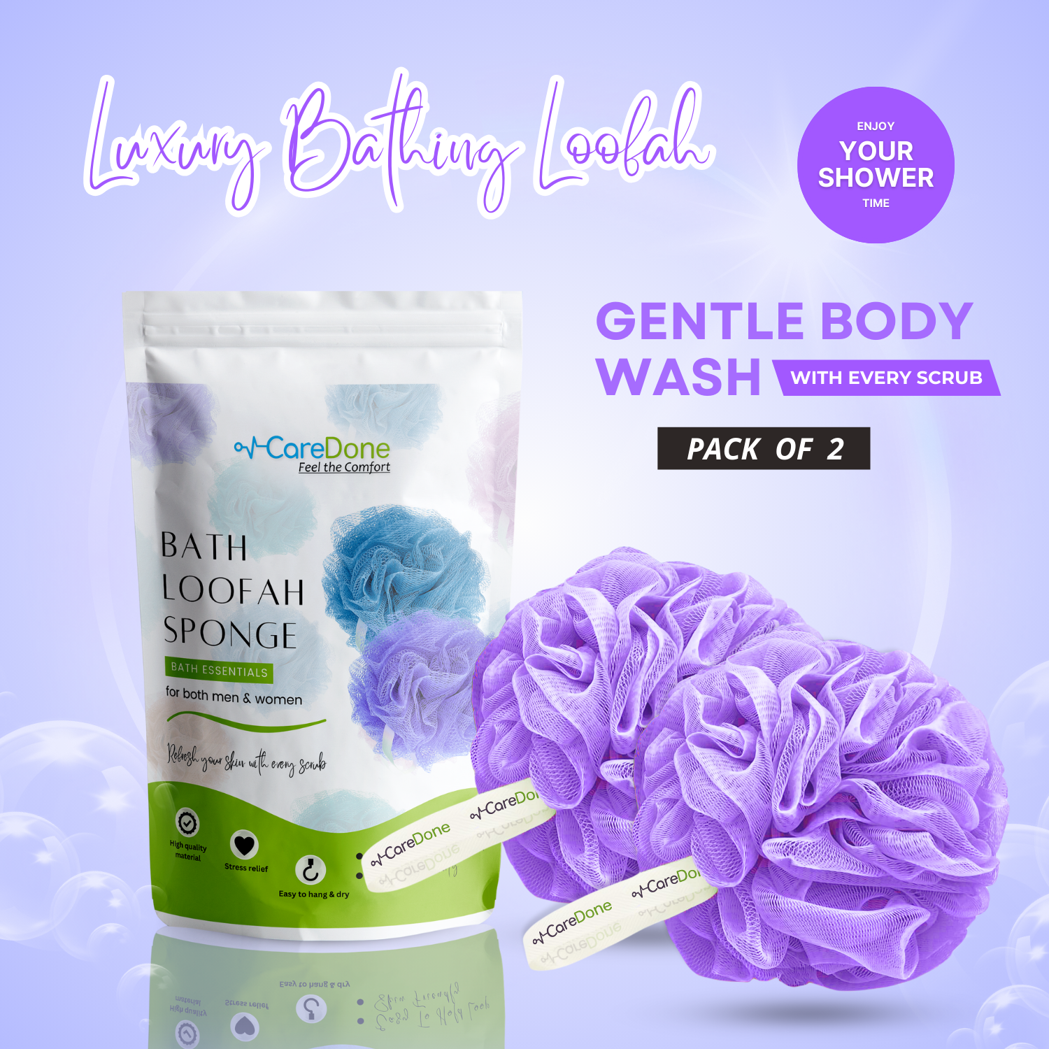 Caredone Body Scrubber & Shower Loofah Sponge – For Men, Women & Kids, Round Sponge Loofa